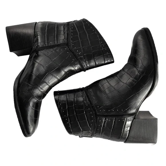 Donald J. Pliner Gemini Crocodile Black Block Heel Ankle Boot Silver Studded 8.5 - Picture 8 of 13
